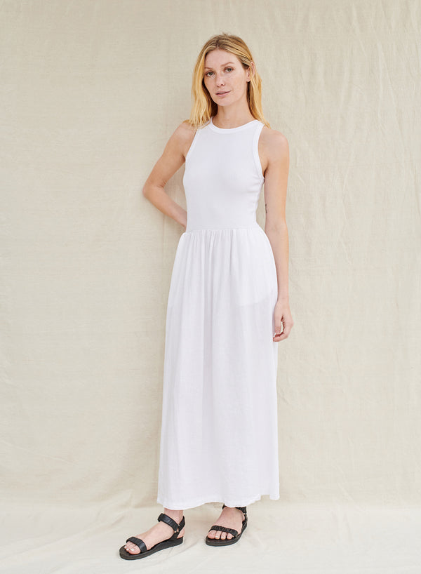 Stateside Linen Mixed Media High Neck Dress In White