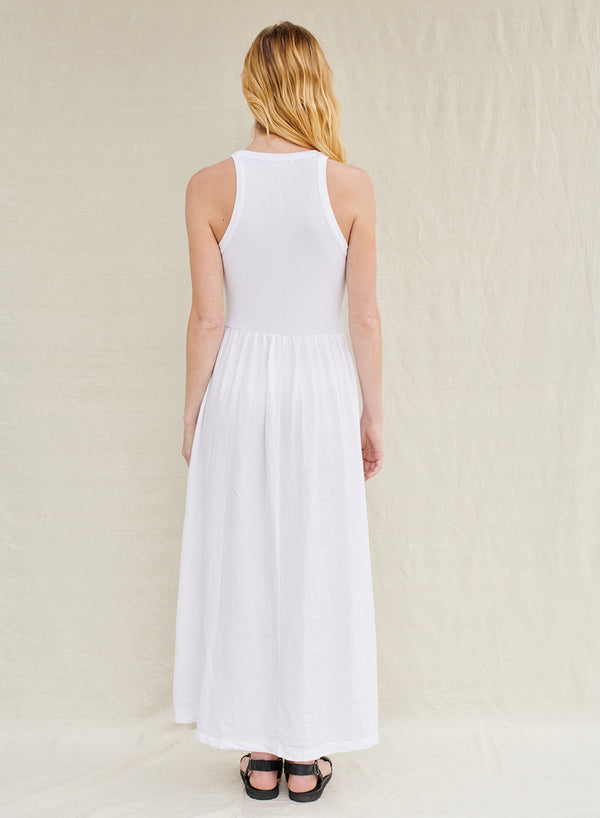 Stateside Linen Mixed Media High Neck Dress In White