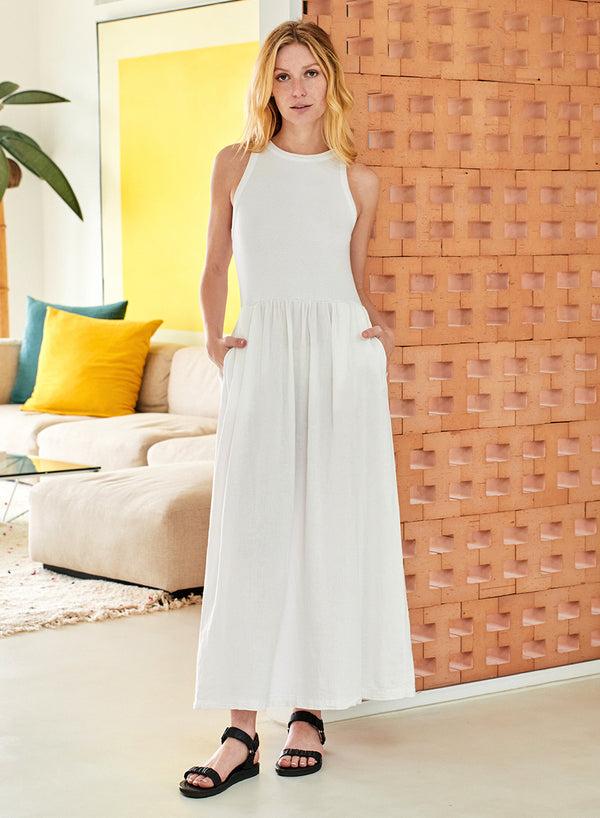 stateside Linen Mixed Media High Neck Dress in White