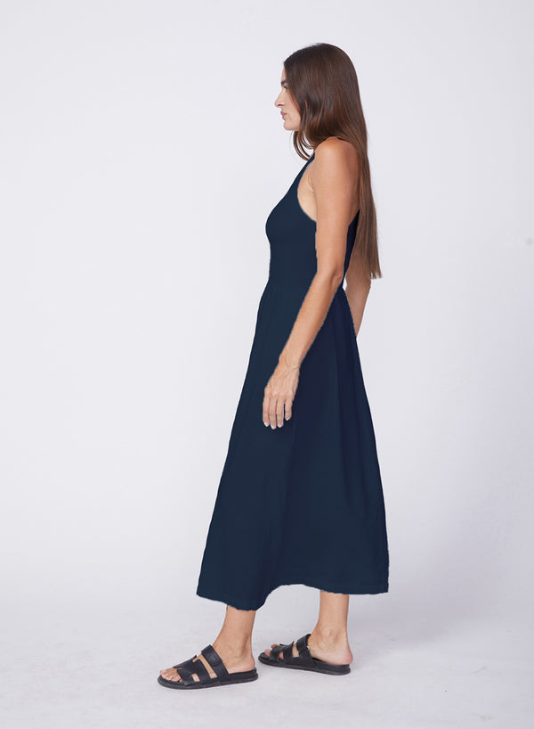 Stateside Linen Racerback Mix Media Midi Dress In New Navy