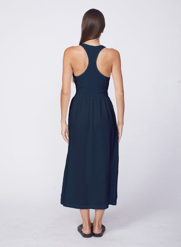 Stateside Linen Racerback Mix Media Midi Dress In New Navy