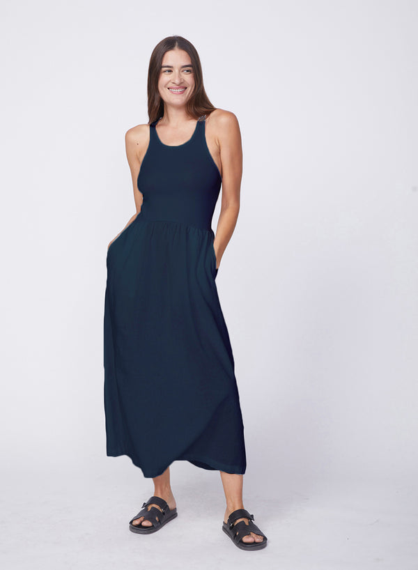 stateside Linen Racerback Mix Media Midi Dress in New Navy