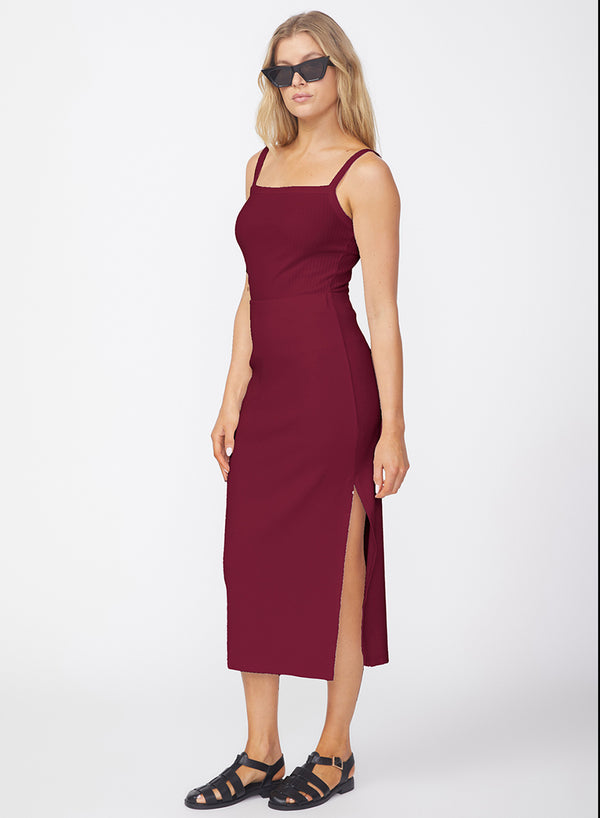 Stateside Luxe 2x1 Rib Side Slit Midi Skirt In Bordeaux