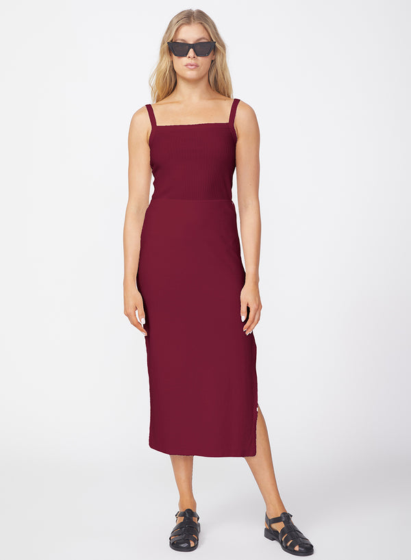 stateside Luxe 2x1 Rib Side Slit Midi Skirt in Bordeaux