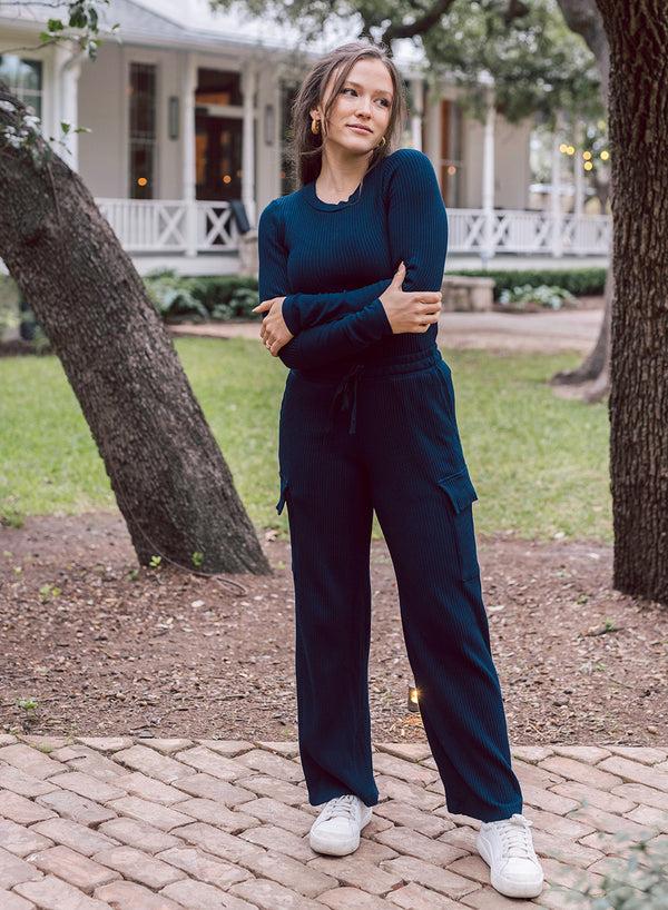 Stateside Luxe Thermal Drawstring Cargo Pant In New Navy