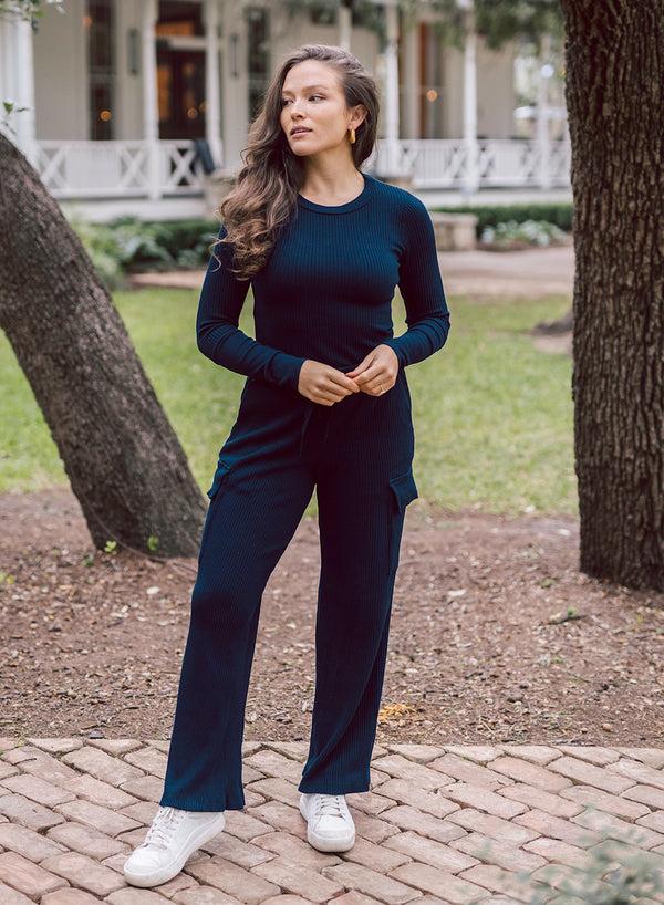 stateside Luxe Thermal Drawstring Cargo Pant in New Navy