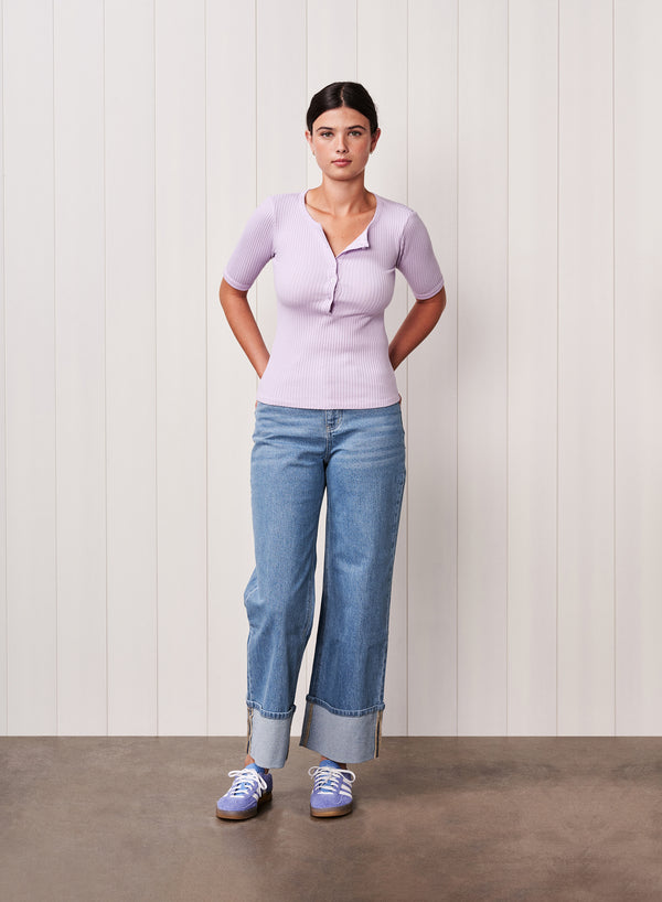 stateside Luxe Thermal Short Sleeve Henley in Lilac Mist