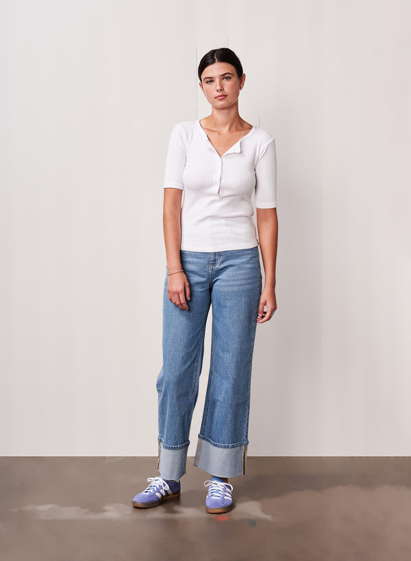 stateside Luxe Thermal Short Sleeve Henley in White