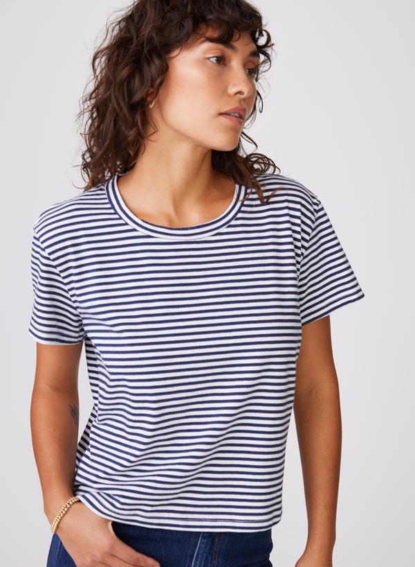 stateside Mini Navy Stripe Short Sleeve Crew in White