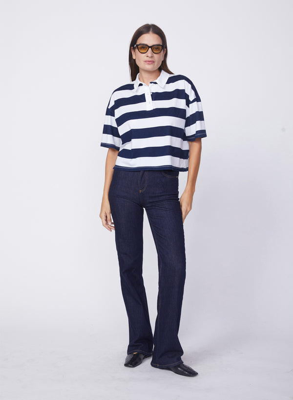 Stateside Navy Rugby Stripe Short Sleeve Boxy Polo In White