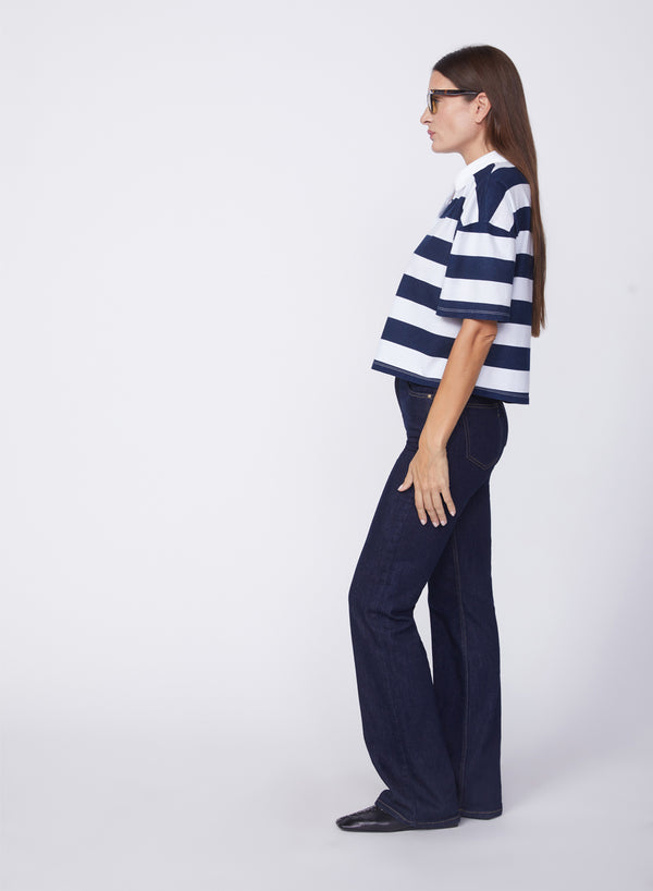 Stateside Navy Rugby Stripe Short Sleeve Boxy Polo In White