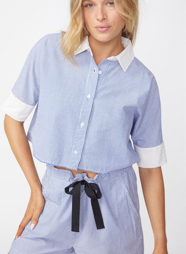 Stateside Pinstripe Short Sleeve Boxy Shirt In Sport Blue