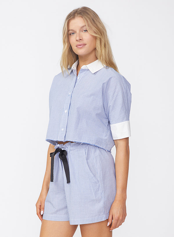 Stateside Pinstripe Short Sleeve Boxy Shirt In Sport Blue