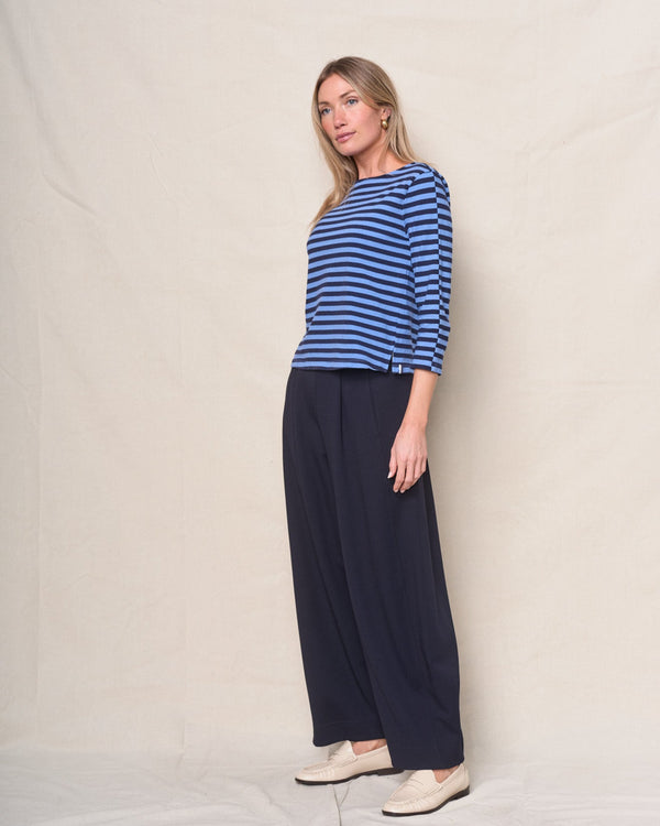 Stateside Preppy Stripe 3/4 Sleeve Boatneck Top In Blue Topaz