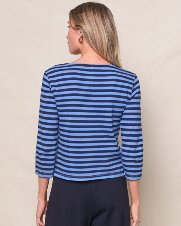Stateside Preppy Stripe 3/4 Sleeve Boatneck Top In Blue Topaz