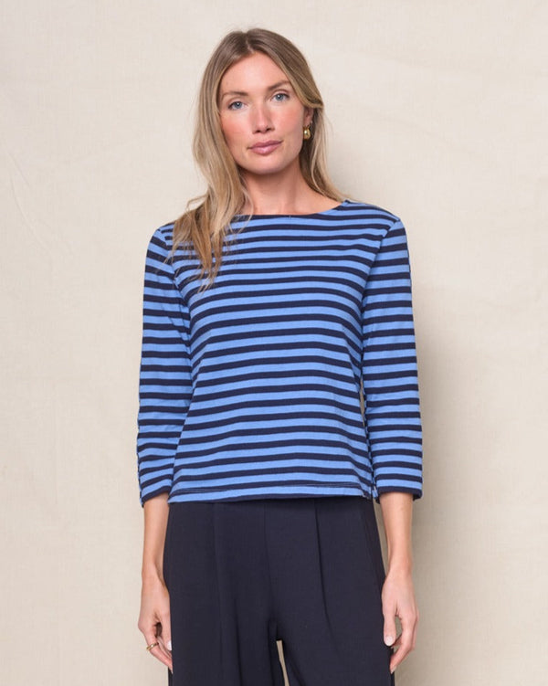 stateside Preppy Stripe 3/4 Sleeve Boatneck Top in Blue Topaz
