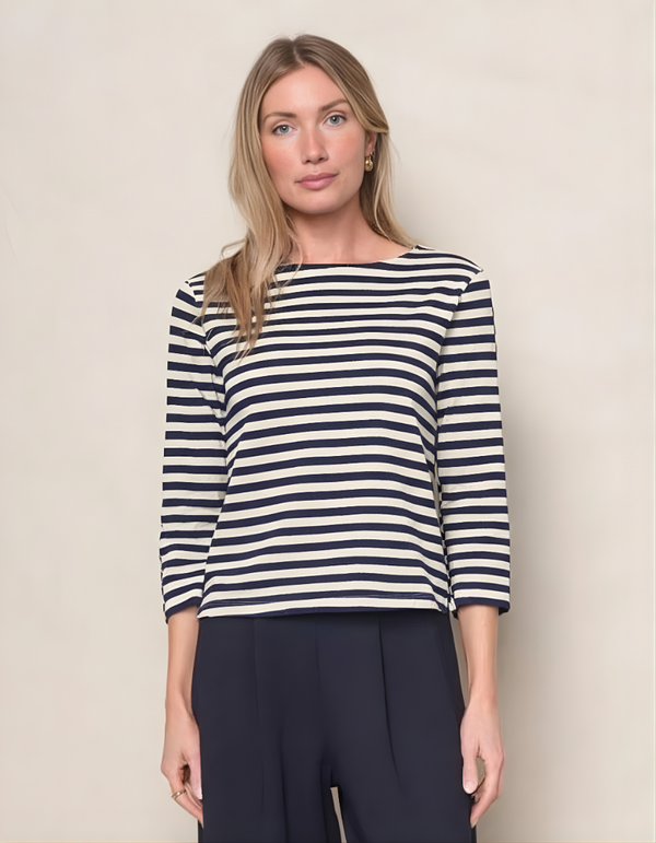 Stateside Preppy Stripe 3/4 Sleeve Boatneck Top In Cream