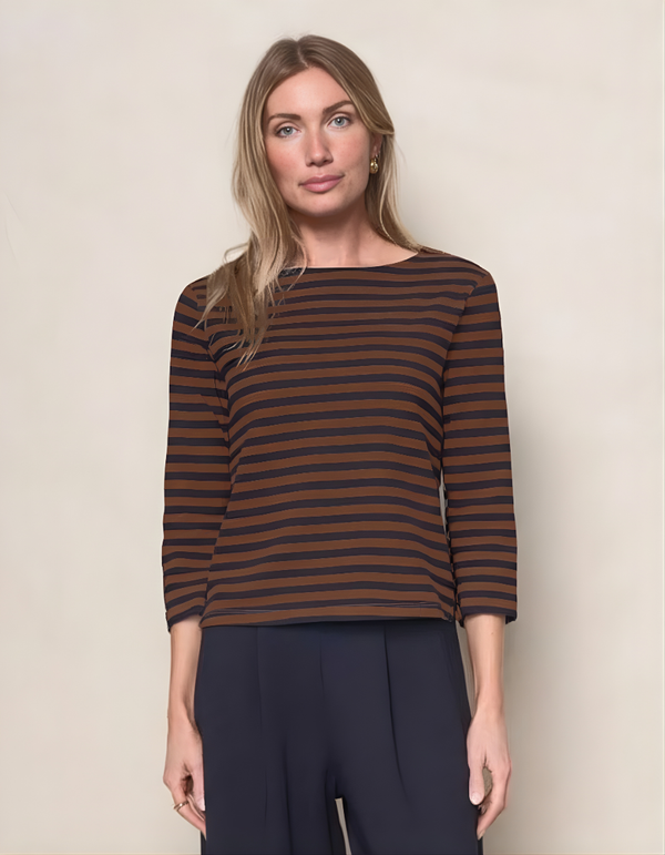 stateside Preppy Stripe 3/4 Sleeve Boatneck Top in Espresso