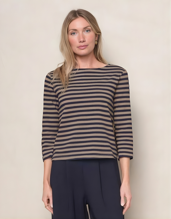 stateside Preppy Stripe 3/4 Sleeve Boatneck Top in Thyme