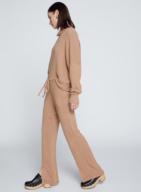 Stateside Rachel Chunky Rib Front Slit Tie Pant In Toffee