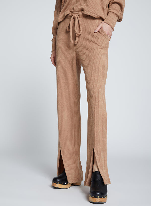 Stateside Rachel Chunky Rib Front Slit Tie Pant In Toffee