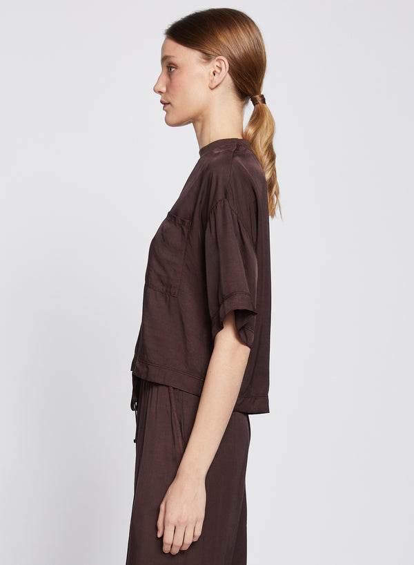 Stateside Satin Short Sleeve Pocket Top In Espresso