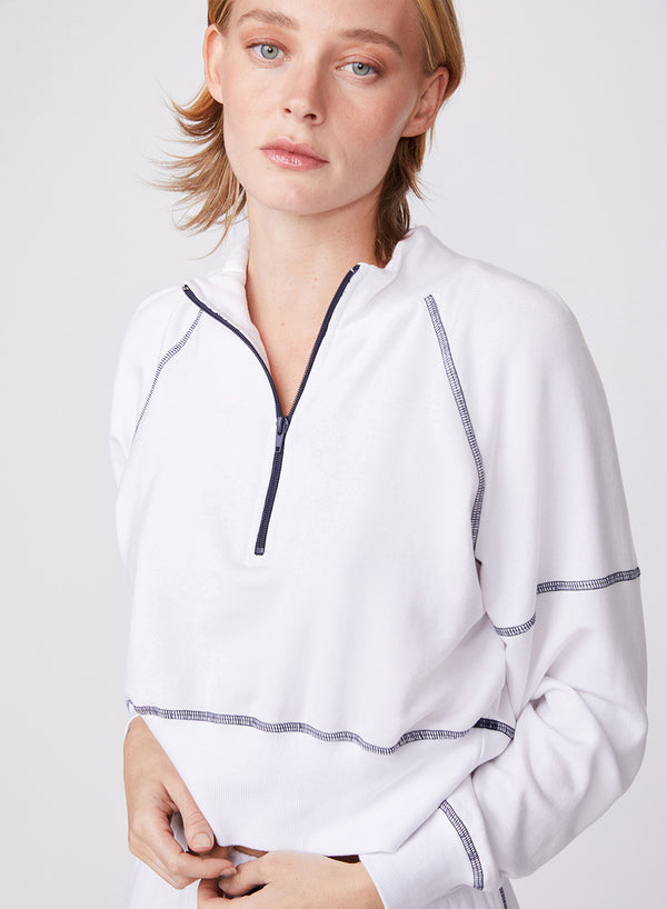 Stateside Softest Fleece Cropped Half-Zip Pullover With Contrast In White