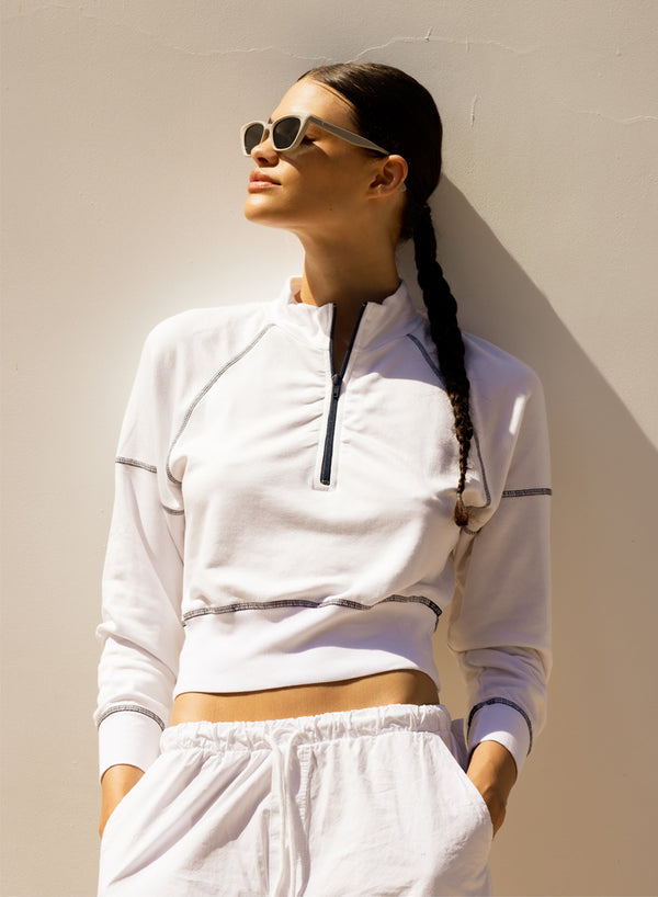 stateside Softest Fleece Cropped Half-Zip Pullover with Contrast in White