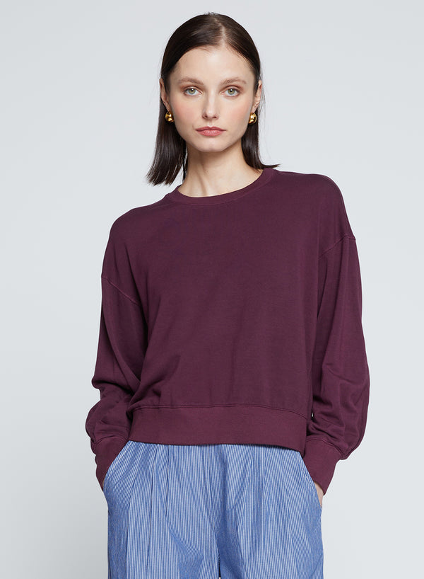 Stateside Softest Fleece Cropped Pleated Sleeve Pullover In Cherry Liquor