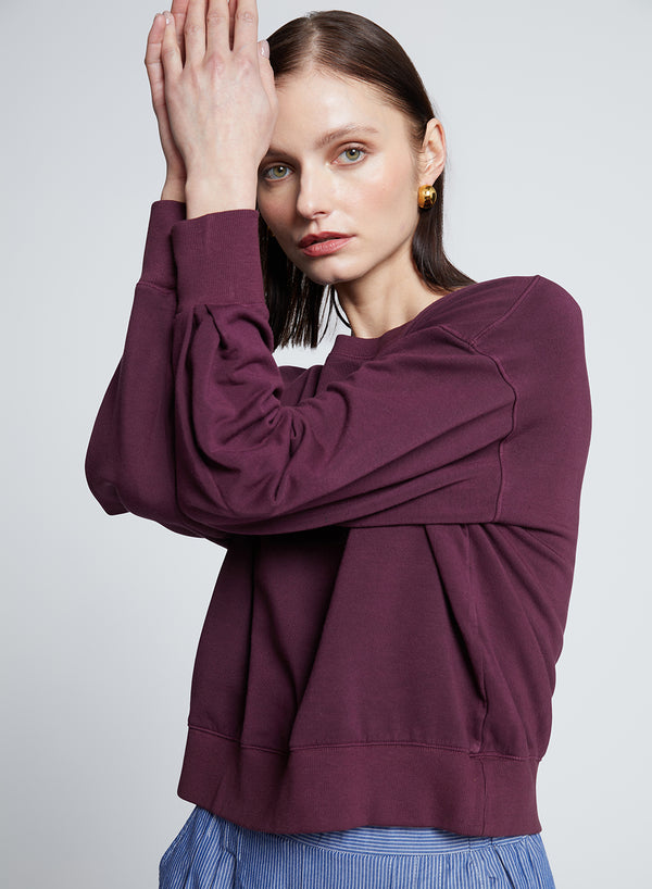 Stateside Softest Fleece Cropped Pleated Sleeve Pullover In Cherry Liquor