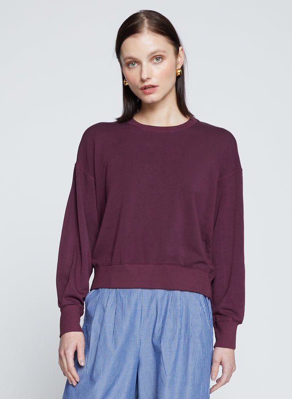 Stateside Softest Fleece Cropped Pleated Sleeve Pullover In Cherry Liquor