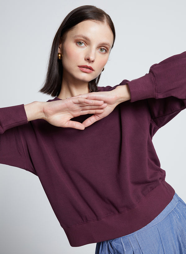 stateside Softest Fleece Cropped Pleated Sleeve Pullover in Cherry Liquor