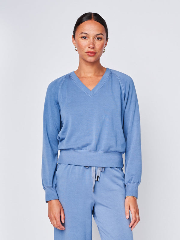 stateside Softest Fleece Long Sleeve Raglan V-Neck Pullover in Soft Blue