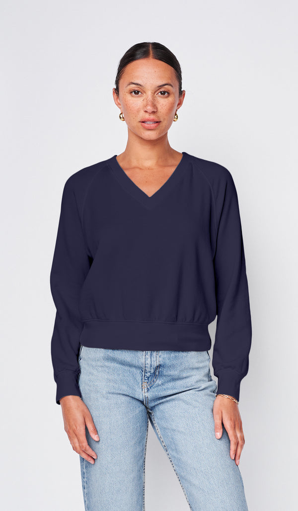 stateside Softest Fleece Raglan V-Neck Pullover in New Navy