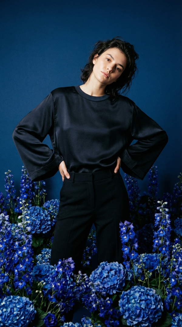 stateside Softest Fleece Satin Trimmed Pullover in New Navy