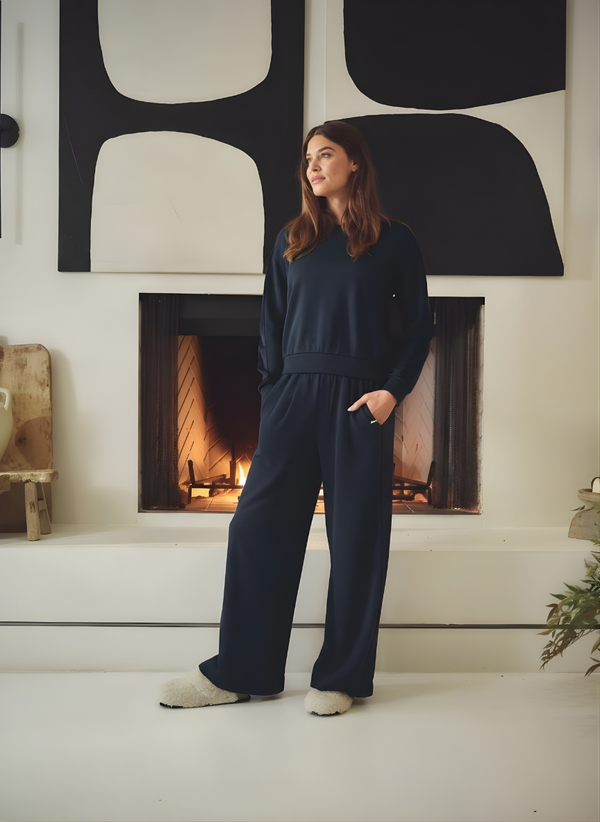 stateside Softest Fleece Satin Trimmed Wide Leg Pant in New Navy
