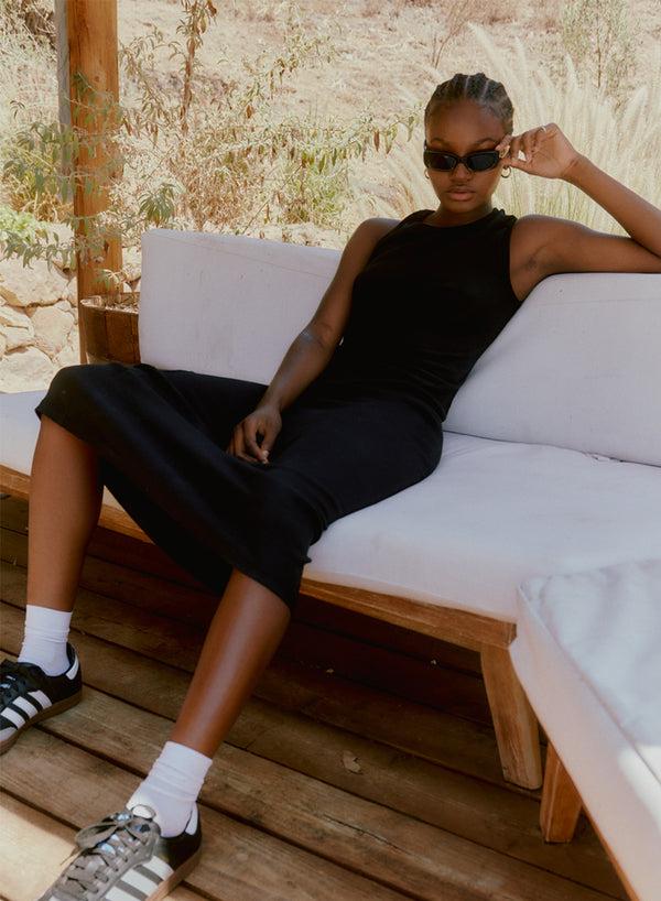 stateside Stateside 2x1 Rib Asymmetric Back Midi Dress in Black