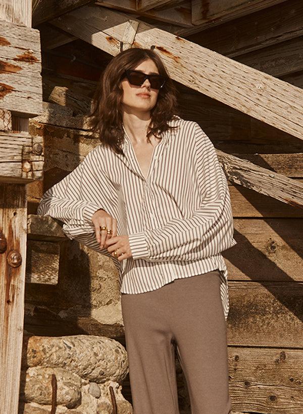 stateside 80's Poplin Stripe Dolman Shirt in Twig