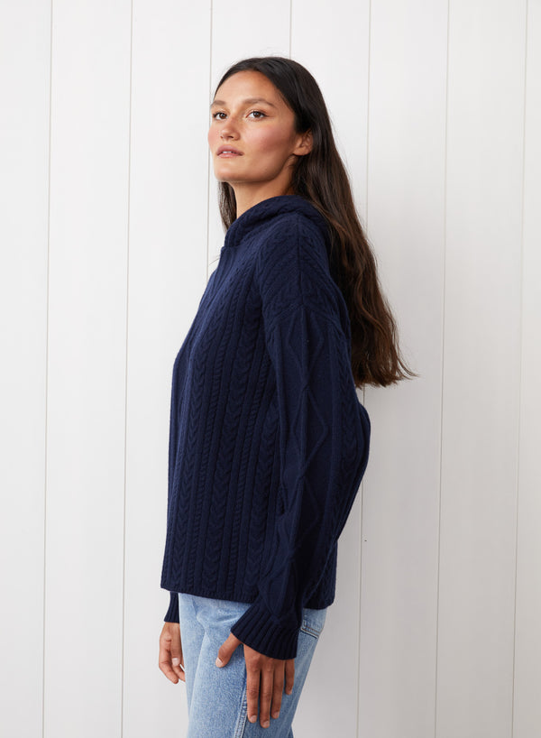 Stateside Cable Knit Hood Sweater In New Navy