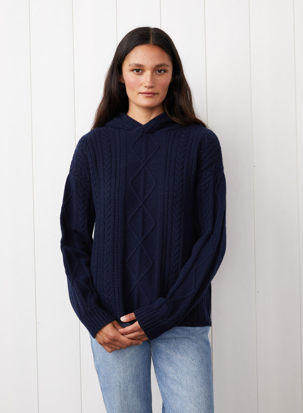 stateside Cable Knit Hood Sweater in New Navy