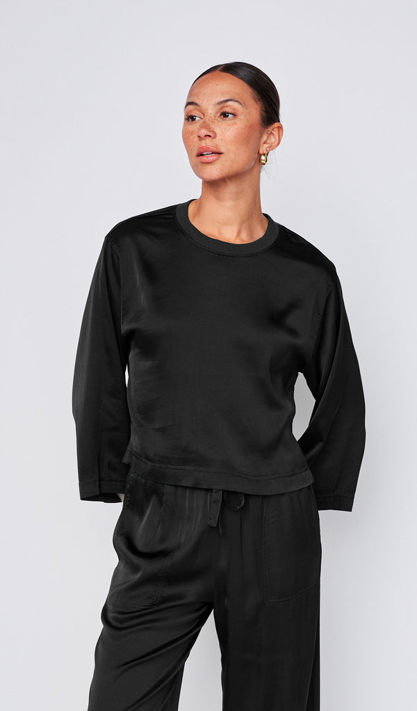 stateside Cosmo Satin Crewneck Top in Black