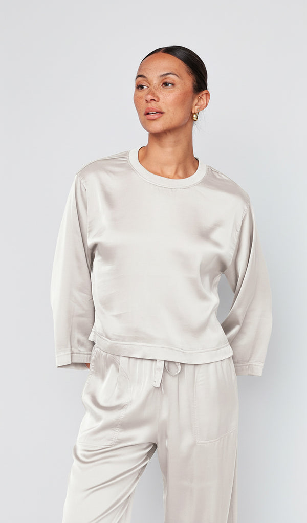 stateside Cosmo Satin Crewneck Top in Cream