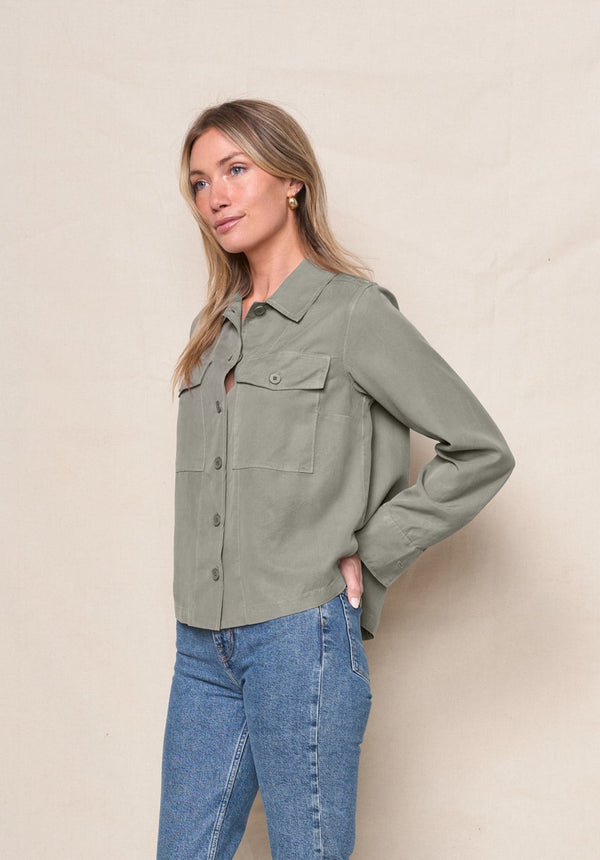 Stateside Drapey Twill Utility Shirt In Thyme