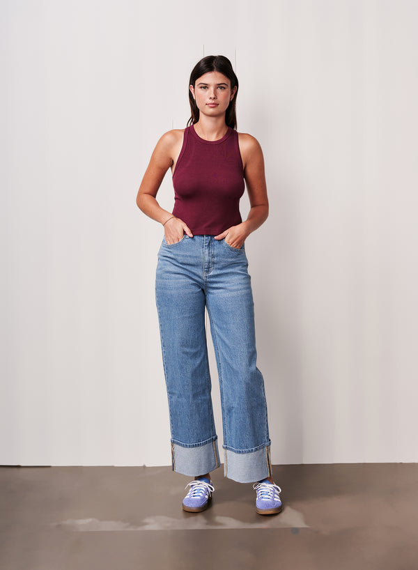 stateside Fine 2X1 Rib Cropped High Neck in Cassis