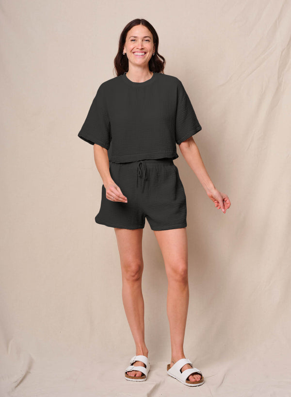 Stateside Gauze Boxy Top In Black