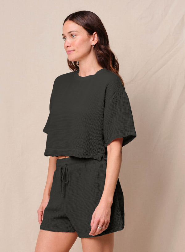 Stateside Gauze Boxy Top In Black