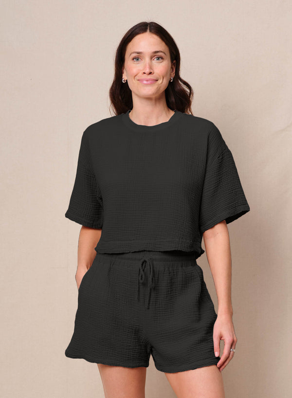 stateside Gauze Boxy Top in Black