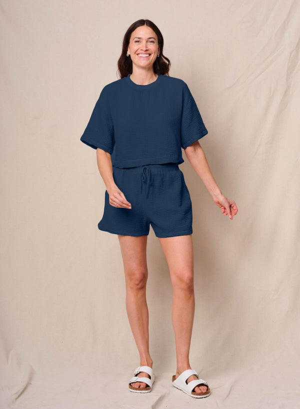 Stateside Gauze Boxy Top In New Navy