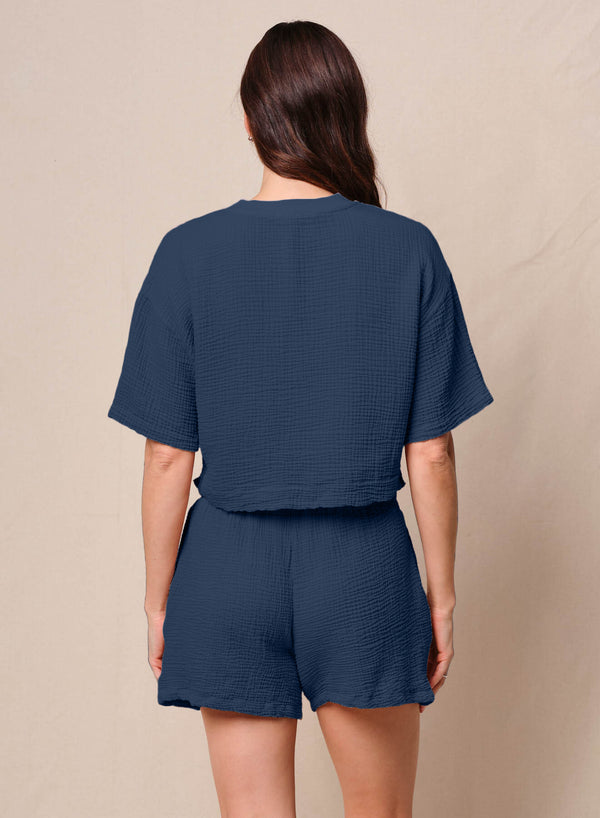 Stateside Gauze Boxy Top In New Navy