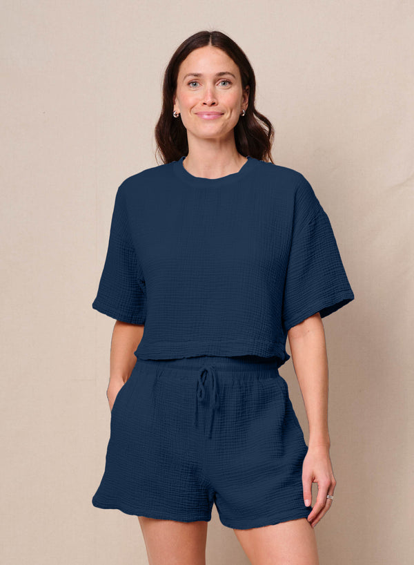 stateside Gauze Boxy Top in New Navy